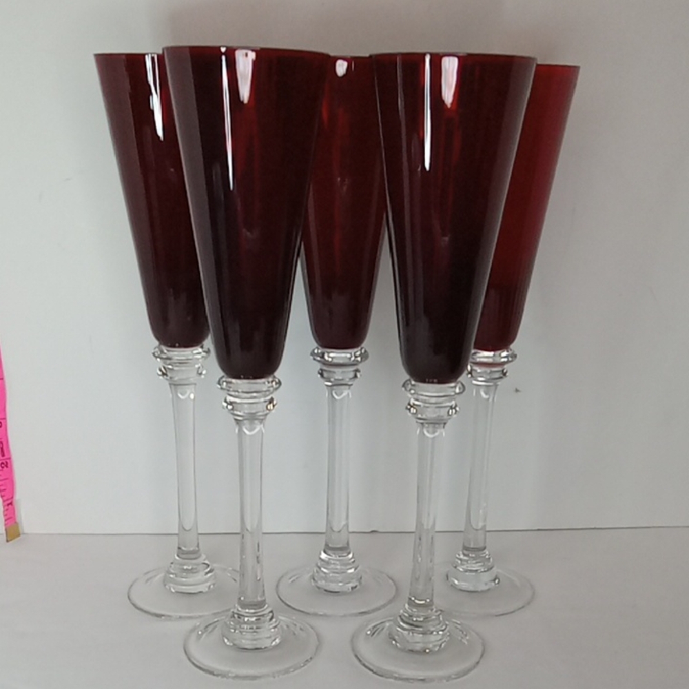Vintage Ruby Red Ribbed Crystal Tall Stemmed Champagne Flutes Glasses Set Of 5